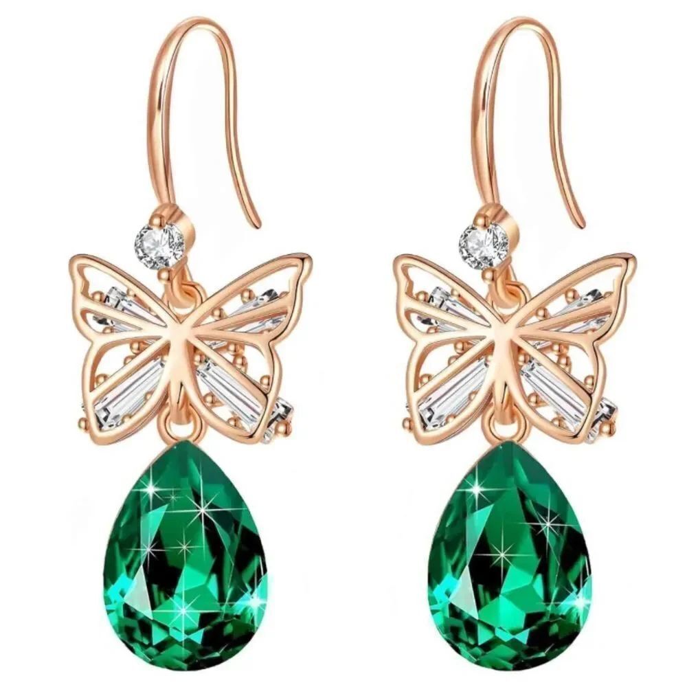 14K Rose Gold with Emerald Green Austrian Crystal Butterfly Teardrop Earrings